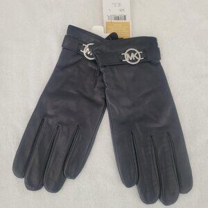 Michael Kors black leather gloves with silver MK logo, size L, new with tags